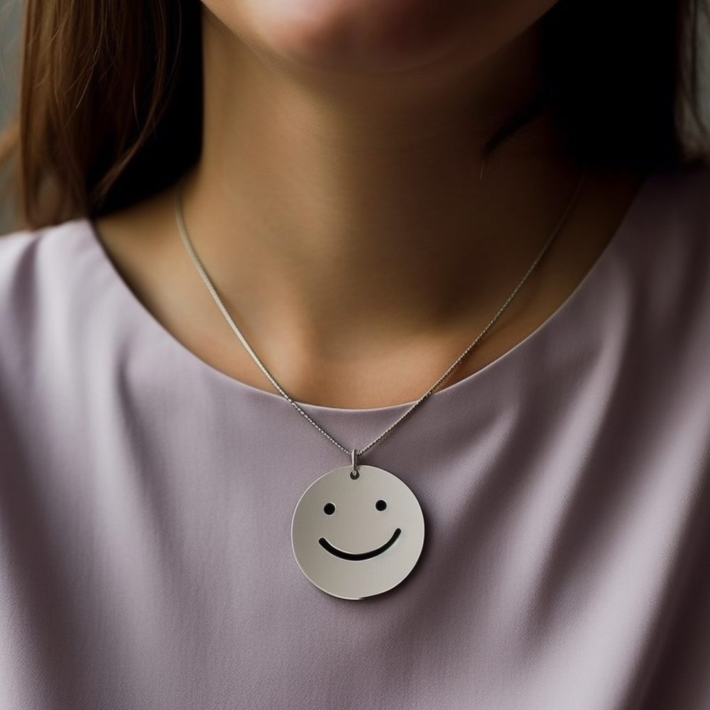 woman wearing happy face necklace