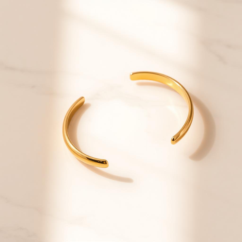 Yellow gold classic open cuff on warm marble