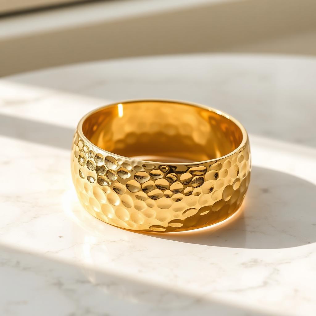 Yellow gold hammered cuff on warm marble
