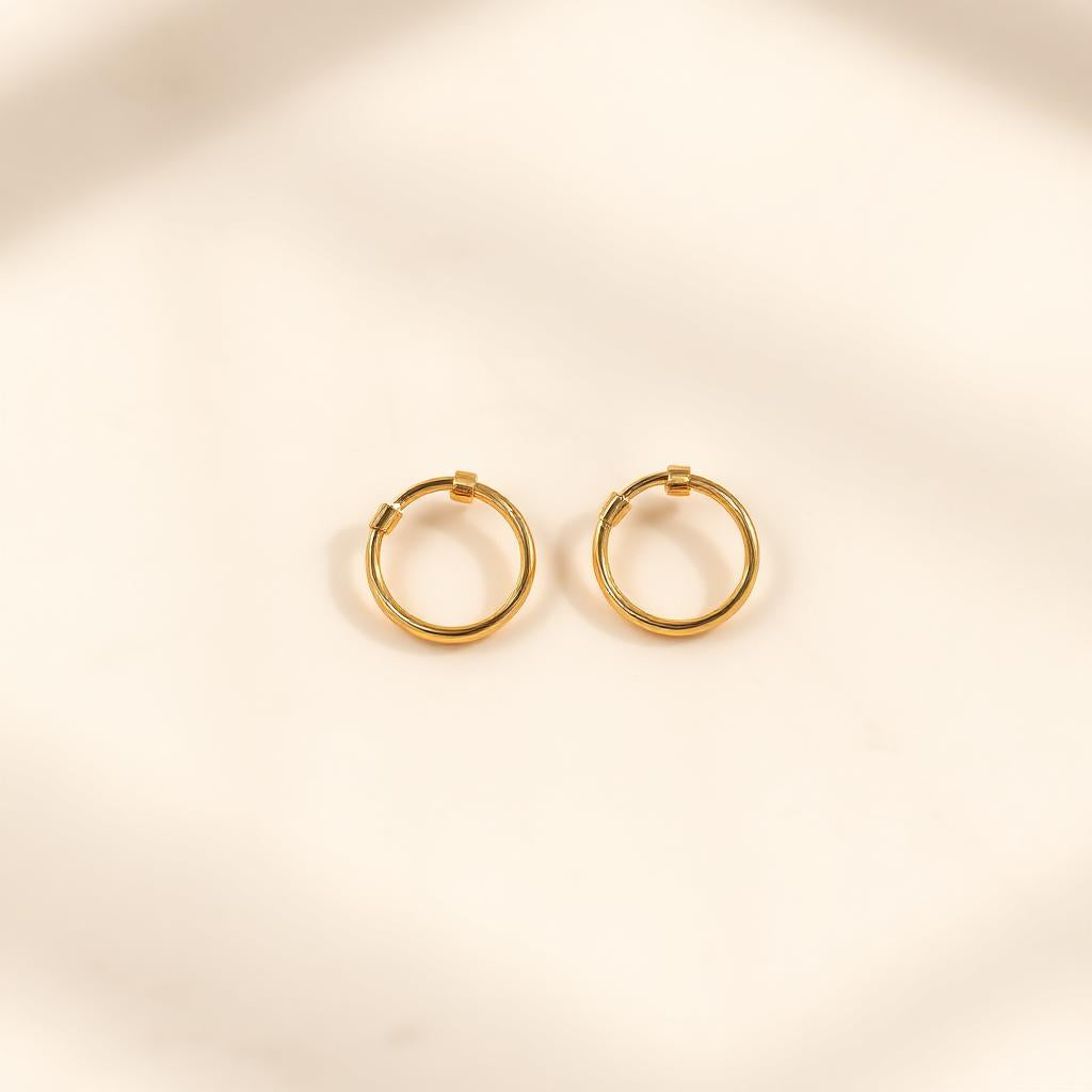 Yellow gold huggie hoops on warm marble