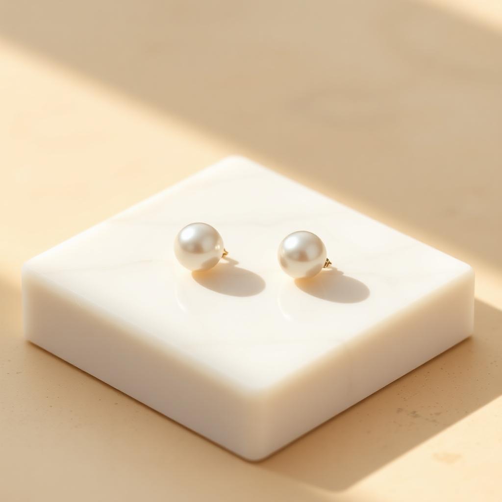 Yellow gold pearl stud earrings on warm marble