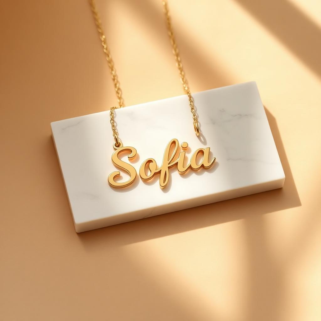 Script name necklace in yellow gold on warm marble