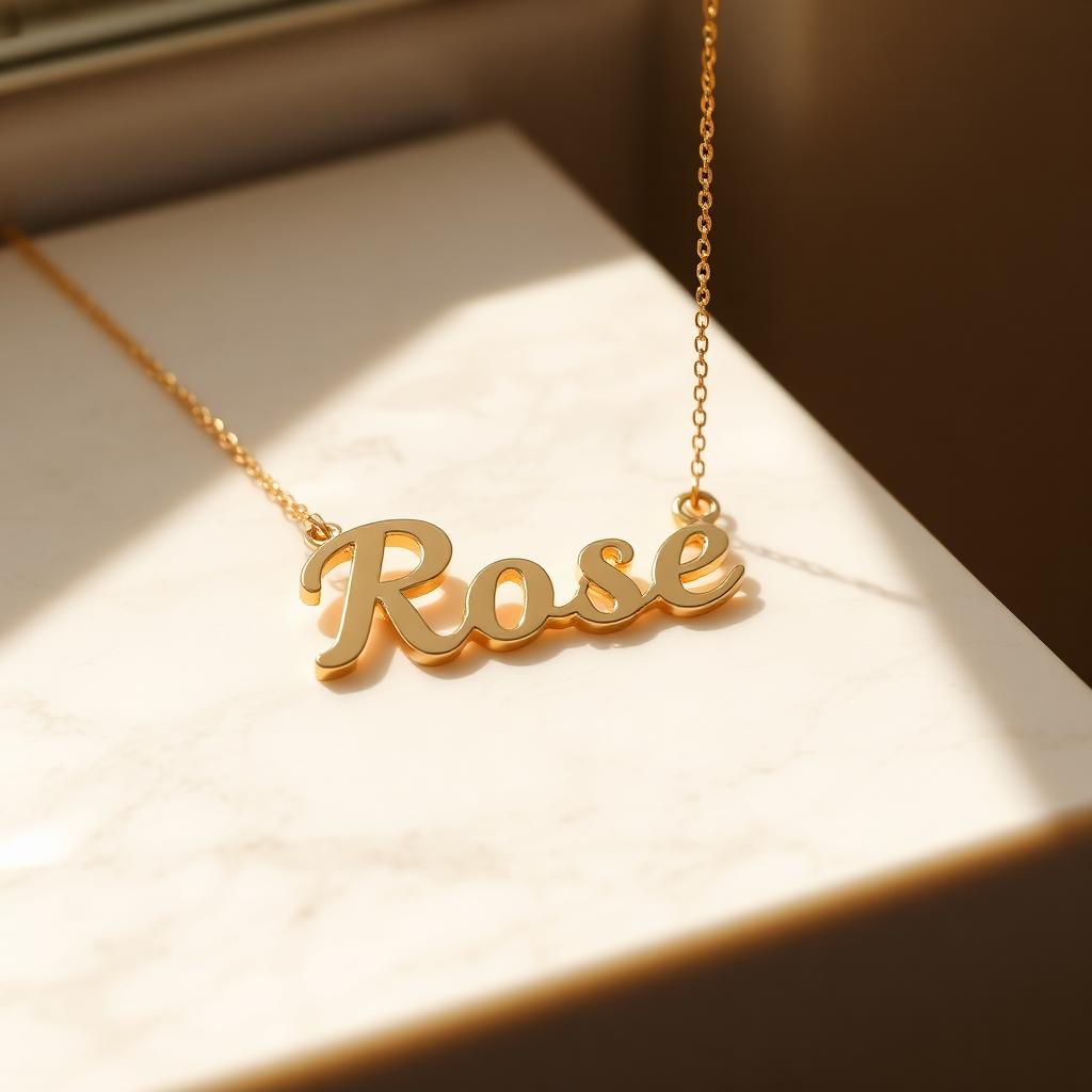 Old English name necklace in yellow gold on warm marble