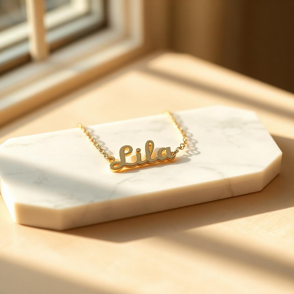 Mini name choker in yellow gold on warm marble