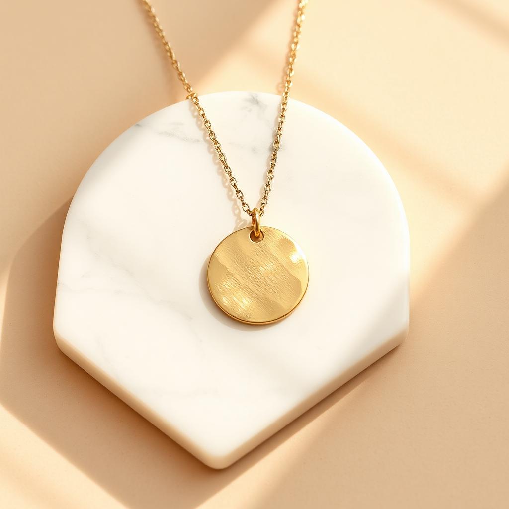 Yellow gold hammered disc pendant on warm marble