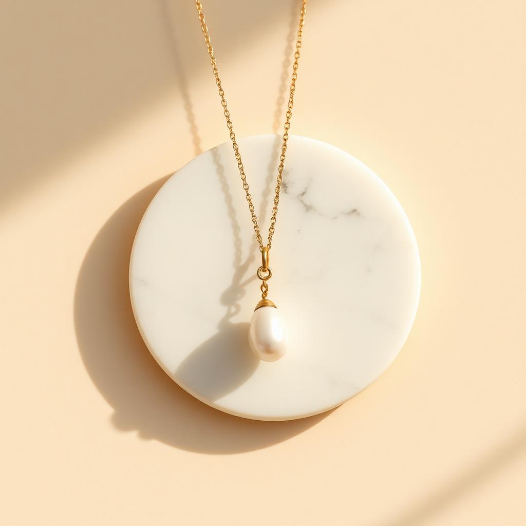 Yellow gold pearl drop pendant on warm marble