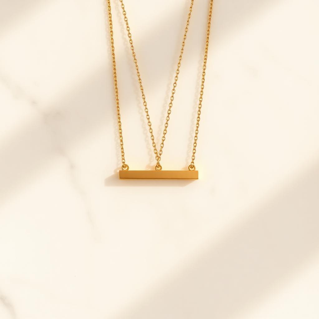 Yellow gold horizon bar pendant on warm marble