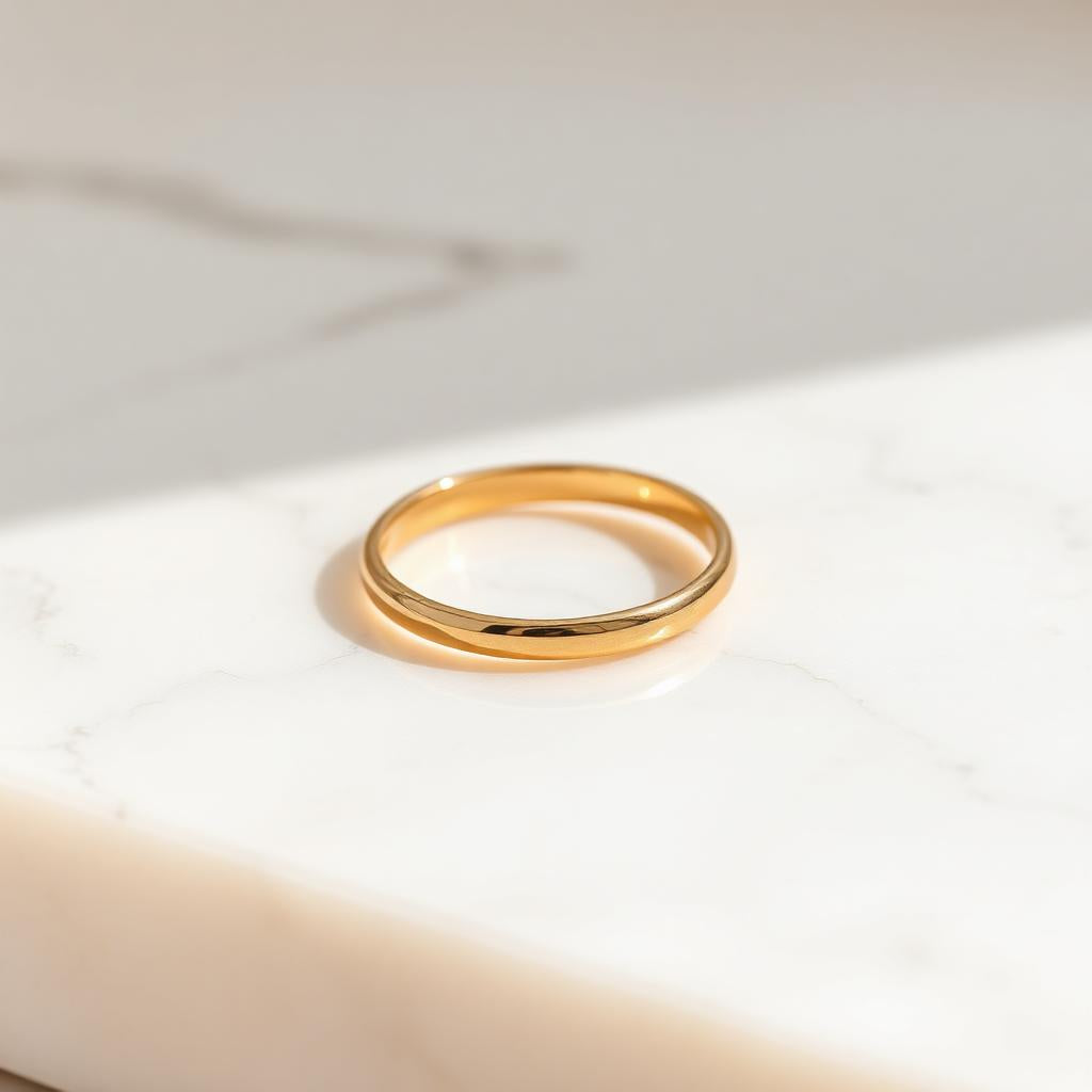 Yellow gold slim stacking band ring on warm marble