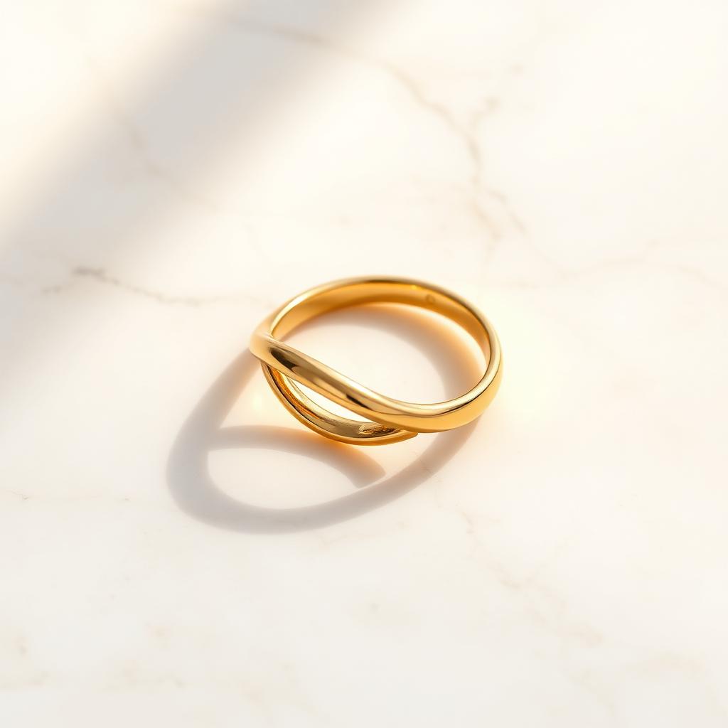 Yellow gold twist ring on warm marble