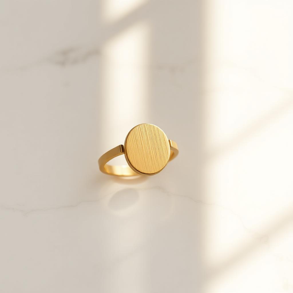 Yellow gold oval signet ring on warm marble
