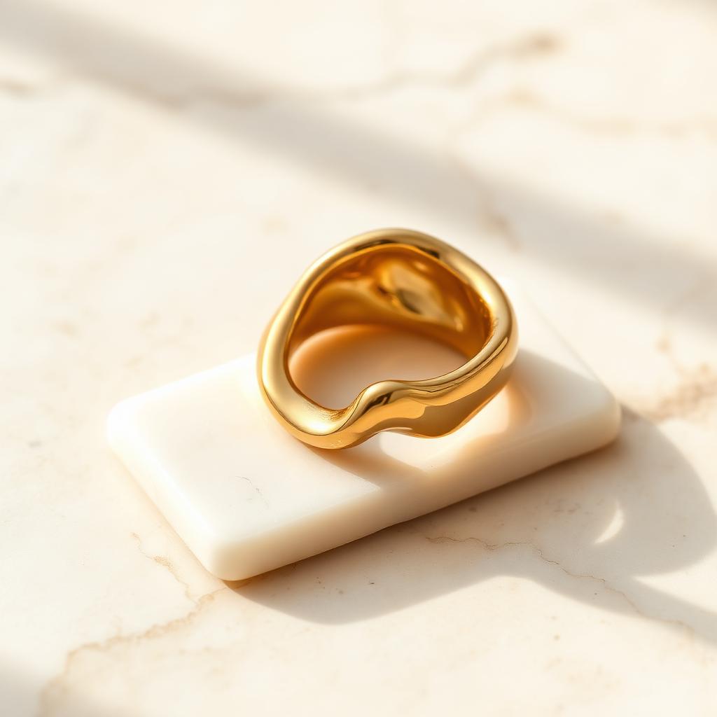 Yellow gold molten ring on warm marble