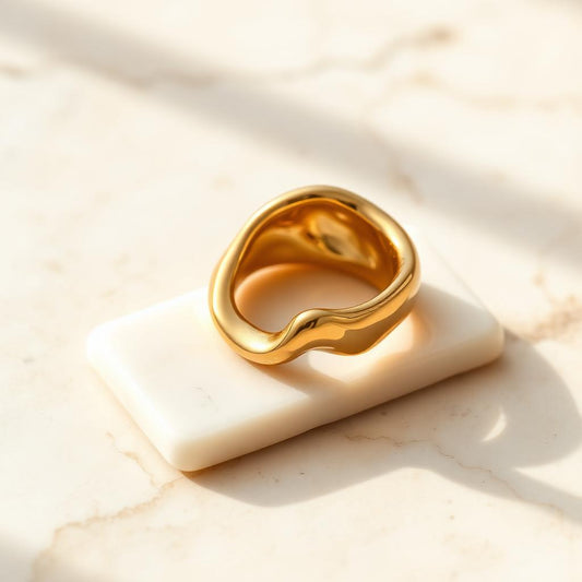 Yellow gold molten ring on warm marble